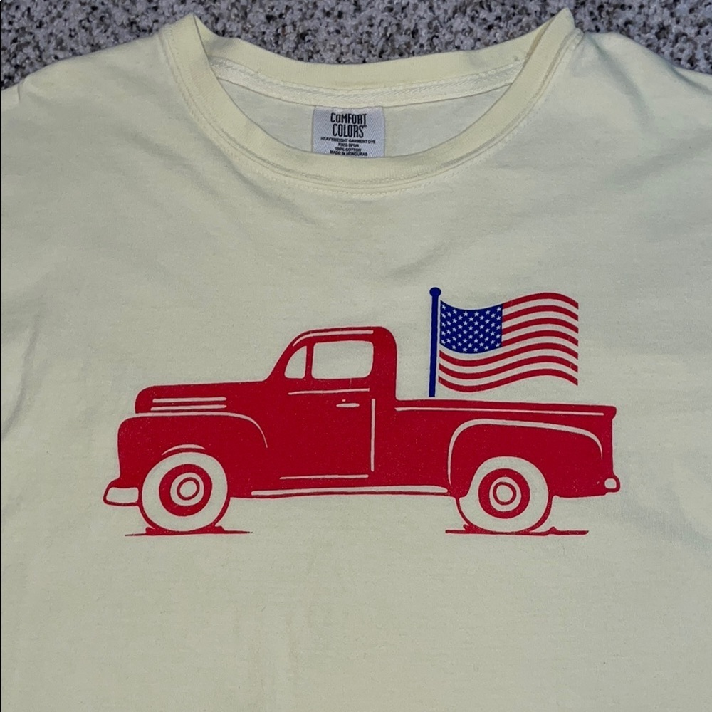 Comfort Colors pale yellow tee with Red Truck and Flag size medium